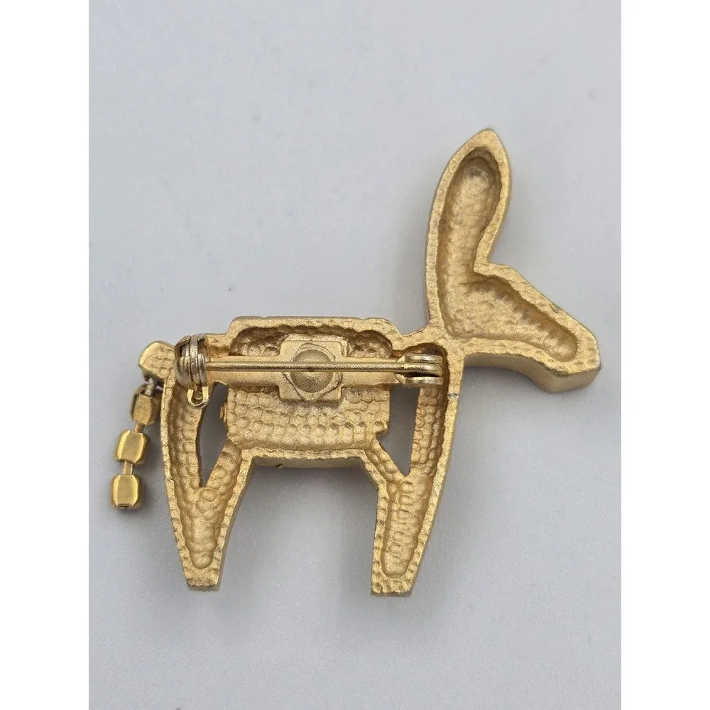 Vintage Gold Tone Donkey Burro Brooch Pin Clear Rhinestones‎ Democrat